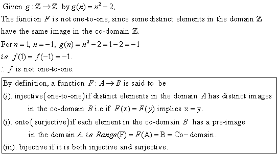 Given g:Z-Z by g(n) = x2 – 2, The funcion F is not one-to-one, since some distinct elements in the domain Z have the same ima