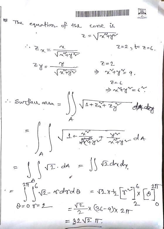 C . The of equation O the cone is z=vantar z=2 , to z *Examination =6. Z=2 V at x+y = 4. Z=6 » styr=0?. 1. Surface area = 1 V
