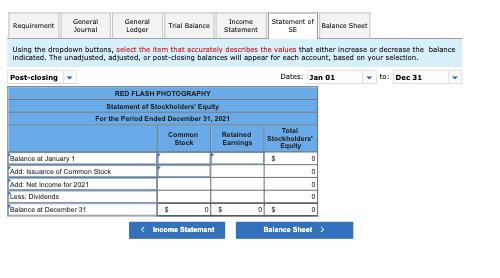Requirement General Journal General Ledger Trial Balance Income Statement Statement of SE Balance Sheet Using the dropdown bu
