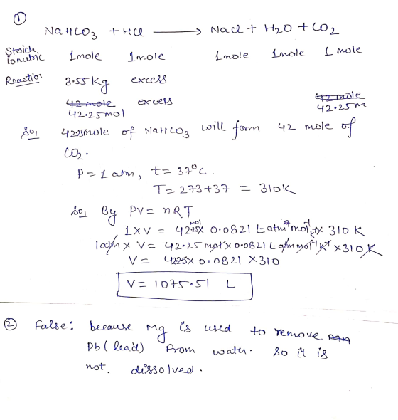 0 NaHCO3 trece > Nach + H2O + CO2 Ştoich ionutric Imole 1mole Imole I mole Inole Reaction 3.55 kg excess excess male 42.25m 4