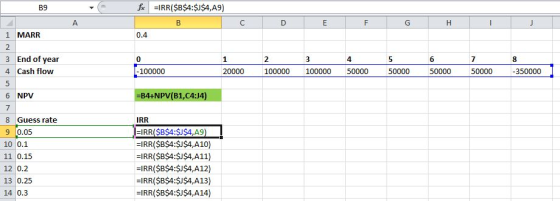 B9 - fc =IRR($B$4:$J$4,49) А 0.4 1 MARR 2 3 End of year 4 Cash flow 1 20000 100 80000 50000 30000 I-100000 350000 100000 1000
