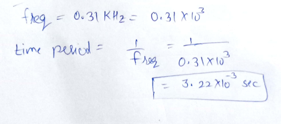 freg = 0.31 KHz = 0.31 X 103 time period = t to Freq 0.31x103 = 3.22 Xl0° sec