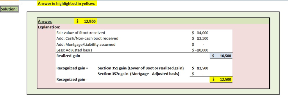 Answer is highlighted in yellow: Solution: Answer: $ 12,500 Explanation: Fair value of Stock received Add: Cash/Non-cash boot