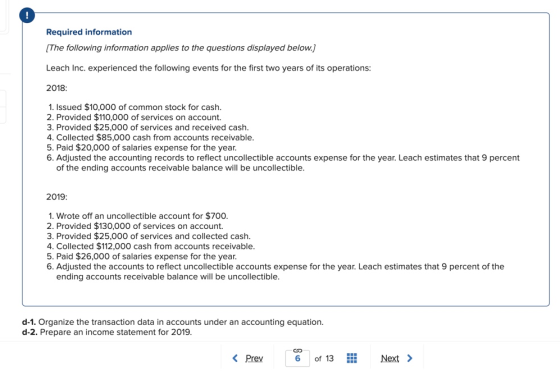 Required information (The following information applies to the questions displayed below.) Leach Inc. experienced the followi