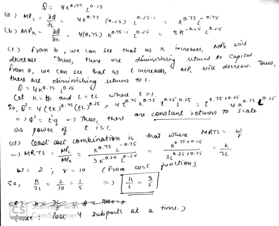 0.25 0.25 to Thus, .75 0.75 0.2 0.25 0.25 uk D- 4*0.75 0.25 (a) MP od 10.75 0.25-1 0.75,-0.75 b) MPK = 00 4 (0.75) R0.75 -1 ,