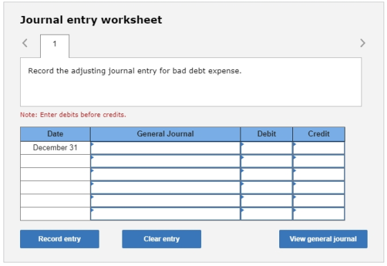 Journal entry worksheet Record the adjusting journal entry for bad debt expense. Note: Enter debits before credits. Date Gene