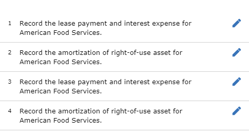 1 Record the lease payment and interest expense for American Food Services. 2 Record the amortization of right-of-use asset f