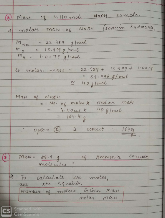 * Mass of 4.110 mol NaOH sample. & molar mass of NaOH (soduim hydroxide) IM Na mo m = - 22.989 g/mol = 15.999 g/mol 1.0079 g/