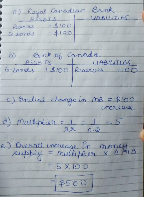 a) Royal Canadian Bank ASSETS HABILITIES Reserves +$100 G-bonds -$100 b) Bank of Canada LABILITIES G-bonds +$100 Reserwes too