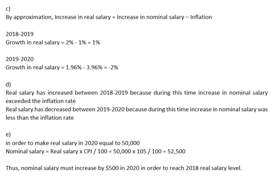 c) By approximation, Increase in real salary = Increase in nominal salary – Inflation 2018-2019 Growth in real salary = 2% -