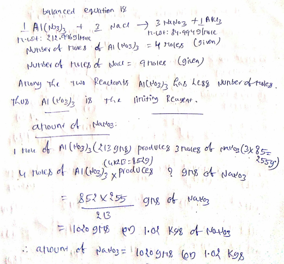 balanced equation if TAI(NO3)2 + 3 Nach 3 Nanoz + 1 Al Hint: 212.91691 More root: 84.9949 roce Nunser of hores of AI (NO3)3 =