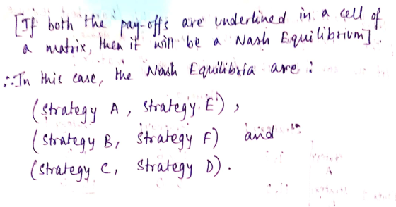 Tboth he pay-offs are underlne d in a ell A Matix, Heh it i be A Nash Equiibrium Nah Eauilibria are the (strategy A, Strateyy