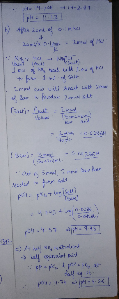 14-2.87 pH = 14-POH LpH = 11-13 After ZomL of 16 0.1 MHCI Zomyx 0.1 mol = 2mmol of Hal NH₂ + HCL NHutch. (Buse (Acid) (salt)