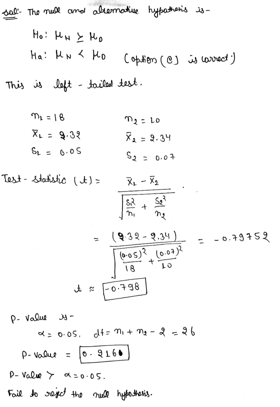 sal. The null and alternative hypothesis is- Ho: Maz Mo Ha! Mnk Mo Coption (CJ is correct) This is left -tailed test. ne - 18