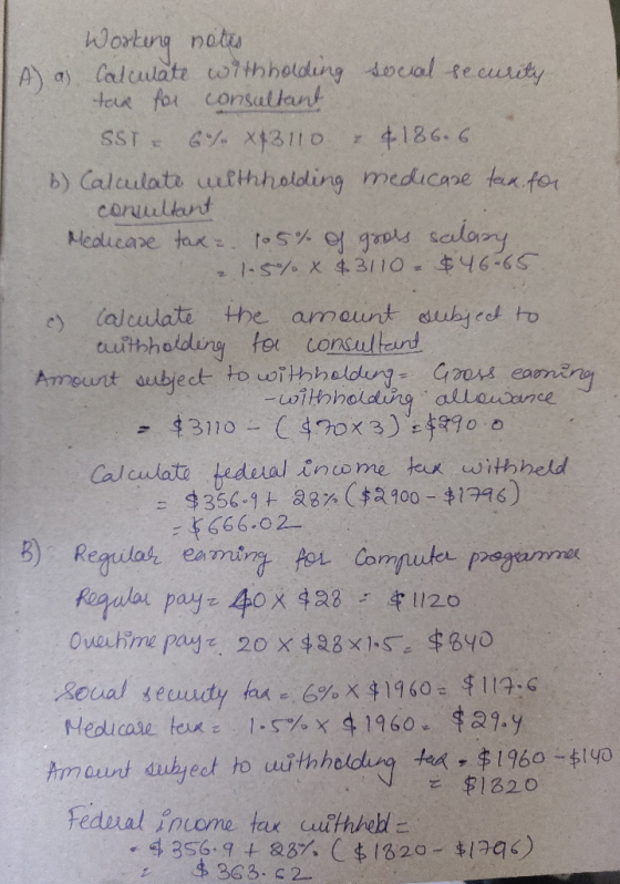 Working notes TA as Calculate withholding social security tad for consultant SST = 6%. *3110 - 4186.6 6) Calculate withholdin