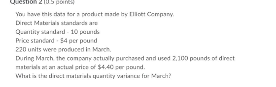 Question 2 (0.5 points) You have this data for a product made by Elliott Company. Direct Materials standards are Quantity sta
