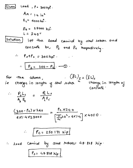 Given Load , P = Bookpi. Ar = 14 in? Ec= 4000ksi. Es = 29000 ksi L=240 solution let the load canied by steel rebou and concr