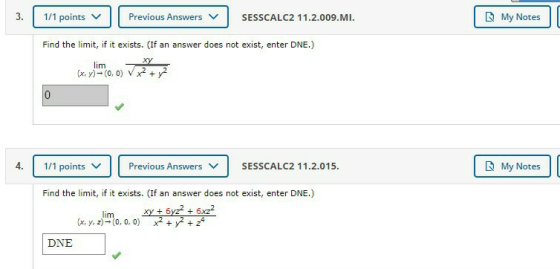 1/1 points v Previous Answers SESSCALC2 11.2.009.MI. My Notes Find the limit, if it exists. (If an answer does not exist, ent