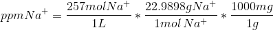 ppm Na^{+} =\frac{257mol Na^{+}}{1L}*\frac{22.9898 g Na^{+}}{1mol\, Na^{+}}*\frac{1000mg}{1g}