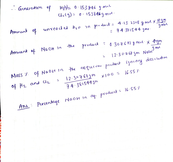 .. Generation of H29) = 0.153846 g mol clzlg) = 0.153846g.moto : 4.13 2308 gimol x 18.99 Amount of unreacted H2O - 14 28 144
