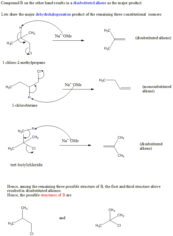 Compound B on the other hand results in a disubstituted alkene as the major product. Lets draw the major dehydrohalogenation