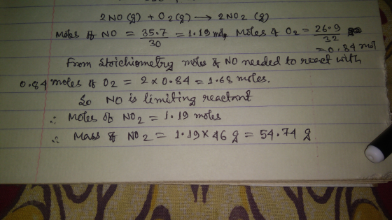 2NO(g) + O2(g) 2002 (8) motes At NO = 35.7 = 1019 nely Moles 4 02 - 2609 ga 30 32 -0,84 and from Stoichiometry moles of No ne