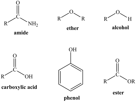 R
Н
NH2
alcohol
ether
amide
ОН
о
ОН
OR
R
carboxylic acid
ester
phenol