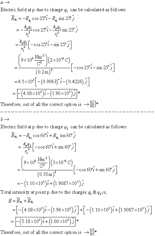 Electric field at p due to charge qı can be calculated as follows: Ēa =-&, cos 25*1- €, sin 25 ) cos 25i – k, 91 sin 25 2 Rac