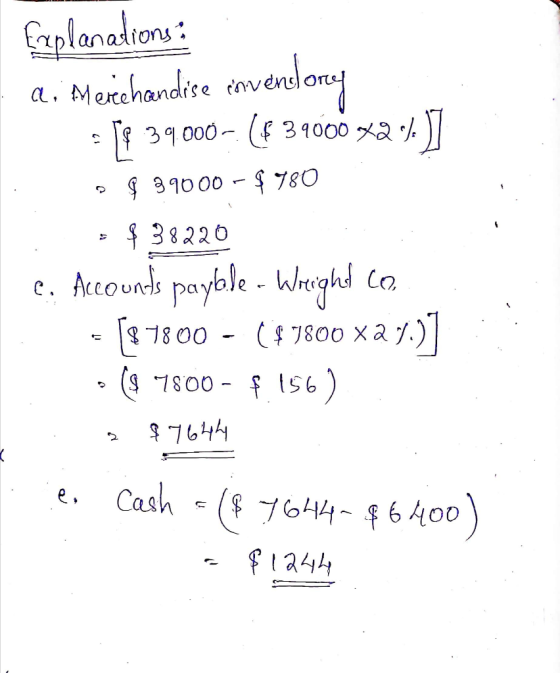 Explanations ; Qi Merchandise inventory = 79 39000 - (€ 39000 %2%7 o § 39000 - $780 $38220 | e. Accounts paybile. Wright co.