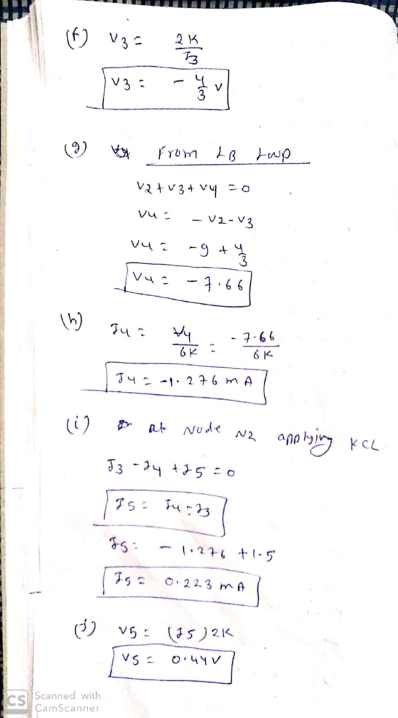 (F) 03- 2K (9) Vy from .dB Lup V2 +03+ vy zo vu= -v2-v3 vua ng + 4 vus -7.66 \W Jus Jun tenet -7-66 ok - Po Jy - 1.276 MA li