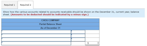 Required 1 Required 2 Show how the various accounts related to accounts receivable should be shown on the December 31, curren