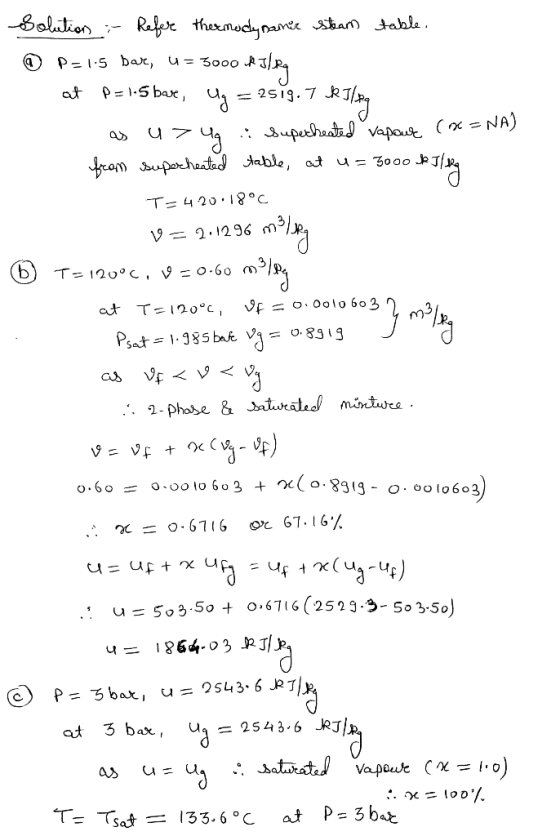 Solution in Refere thermodynamic steam table. @ P=1.5 bar, u = 3000 kilka at P=1-5 bar, Ug = 2sig. 7 kJ/xg as u 749 : Superhe