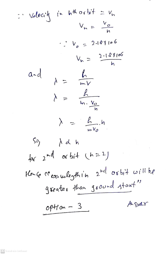 - Velocity in with orbit a un Vn n Vo = 2-184 10 6 Vn. 2.15Y10G h and mv h ia m. Vo X h mvo So, dan for and orbit (n=2) Honce