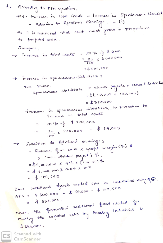 1. flccording to AfnI equation, AFN = merease in Tofal Assels - Increase in Spontaneous Liabilito - Addition to Retained earn