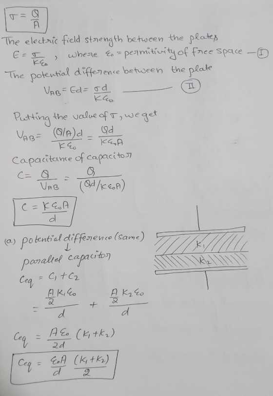 The electric field strength between the plates E = where es= permitivity of free space - 6 The potential difference between t