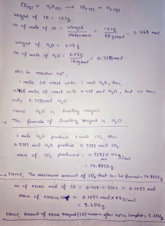 28 almal Cogs + H₂Oos Wrig) + H219) Weight of co= 13.1g. no. of mole of co = weight 13.1g = 0.468 moo Molar mars weight of M₂