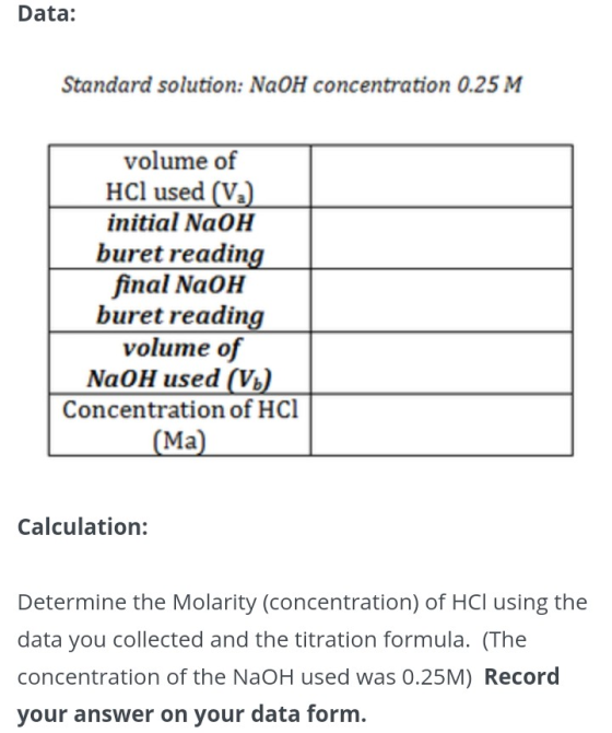Data: Standard solution: NaOH concentration 0.25 M volume of HCl used (V) initial NaOH buret reading final NaOH buret reading