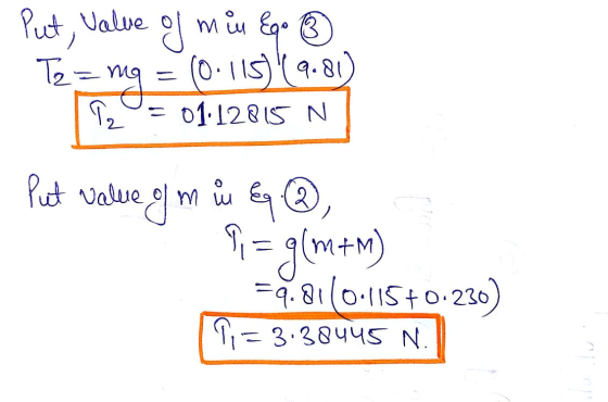 Put, Value T2 = mg of miu Eq. (0.115) (9.81) = 01.12815 N = 1, o Put value 9 = g(mm) =4.8110.115+0.230) T= 3.2844S N.