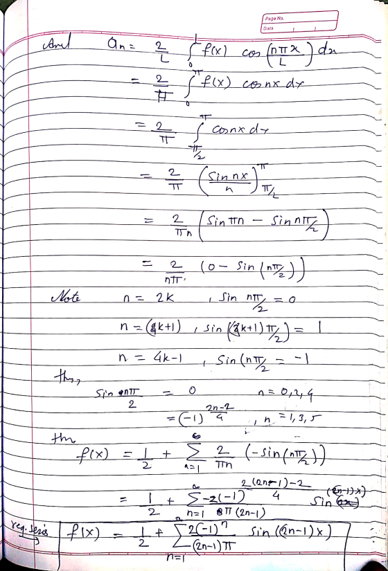 Page No. Dato And an= 2 dll f(x) cos (ntx du 2 f(x) cosnx dy 2 f conx dy Ħ # ½ 2 (Sumber Day ㅠ es - finarz 10- Sin inox.) 2 A