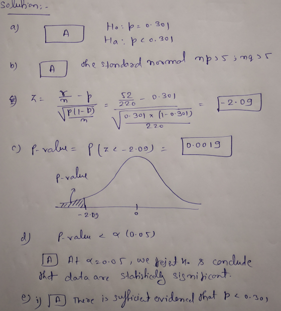 solution:- a A Ho: b=0.80) Haipco.301 the standard normal mposing or b) A hi - b 220 = S2 - 0.301 50.301 x 11-0.301) 220 -2.0