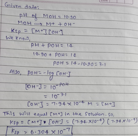 Given dala: MoH- - 10.90 MOH- M+ +OH [M+TCOH1 Ksp We know, PH t POHE 14 10.90+ POH14 POH = 14-10.90- 3.1 A1so, poH-og COH PoH