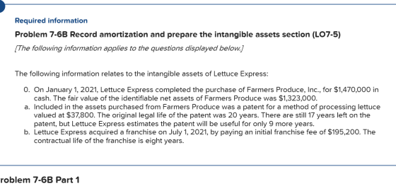 Required information Problem 7-6B Record amortization and prepare the intangible assets section (L07-5) [The following inform