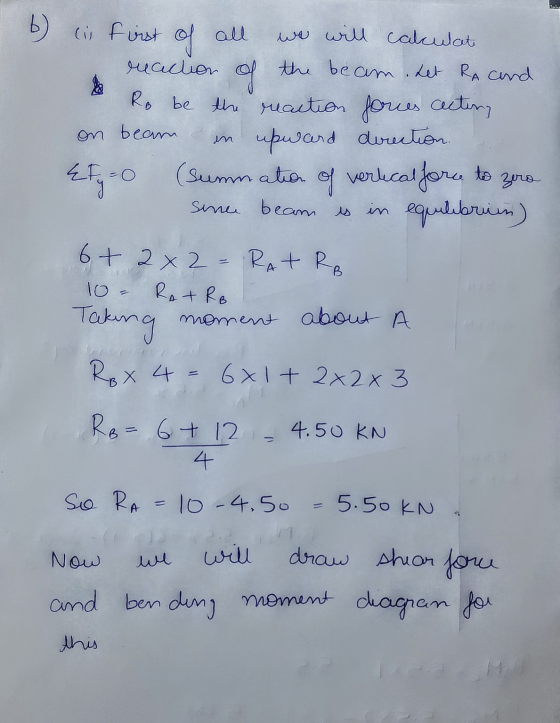 6) is first of all we will calculate reaction of the beam. Let RA cand Ro be the reaction fornes cecting on beam in upward di