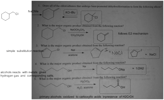 1. Draw all of the chloroalkanes that undergo base-promoted dehydrochlorination to form the following alkene? NaoMe KO-tBu ma