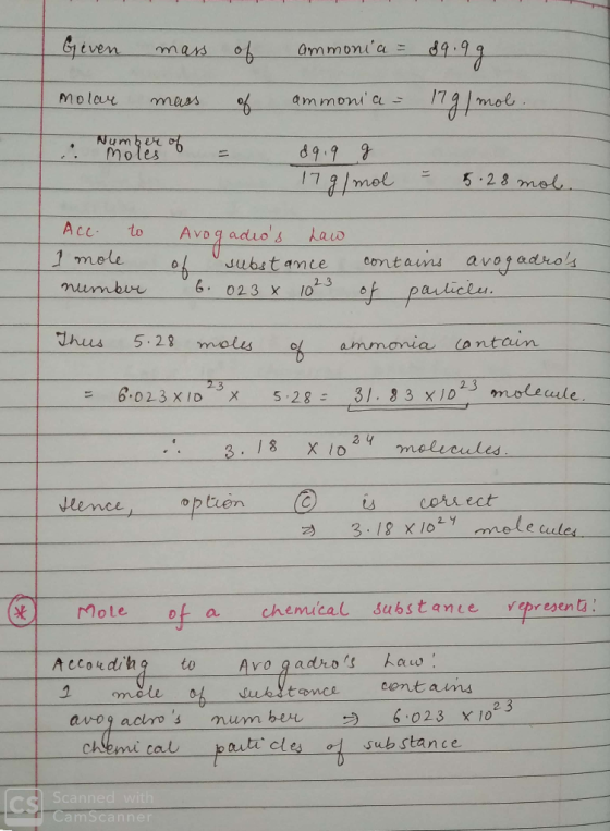 Geven mass of ammonia = 89.99 molar mass of ammonia = 179/mol. Number of moles o - 89.9 g 17g/mol = 5.28 mol. Ace to 1 mole n