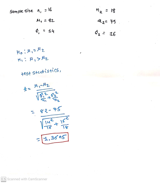 Sample size n, - 16 12 - 18 4,382 all 2=75 : 14 6 q = 16 / Hoil, = 42 Hi : M, > 4₂ 1 test Stretistics, t= Minella Vor 2 82-75