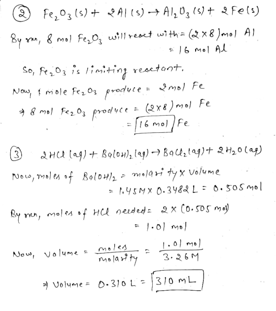 Al (s) Al203 (s) + Fels) Fe,o3(s) & Mol Fe, uwillveat with (Qx8)mo AI /6 Mol AL By v So, Fe203 s / iting Nowy mole Fer03 prod