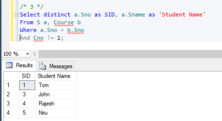 /* 3 */ Select distinct a. Sno as SID, a. Sname as Student Name From S a, Course b where a. Sno = b. Sno And no != 1; 100 %