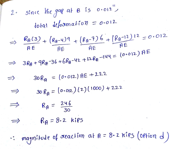 Sinec the gap at B is o.012 2. total defoamation = 0.012 RA(3)(RA-) + (R-7)6 (RA-1212 O.O12 A E AE AE AE lo.012) AE = 3RA9RA