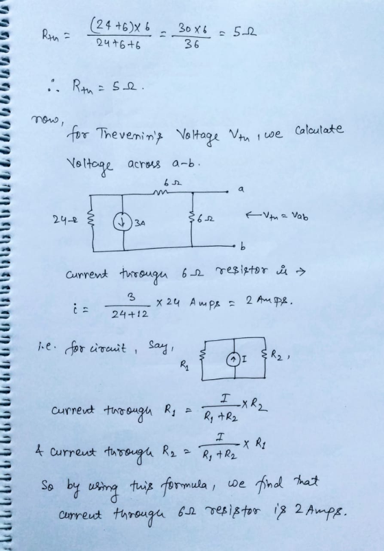 (24 +6)x 6 30 X6 Ryn = 24+6+6 36 mow, Calculate for The veming Vo ltage Vtu 1 we a-b. Voltage acrous FVtn = Vab 24-e ЗА Curr